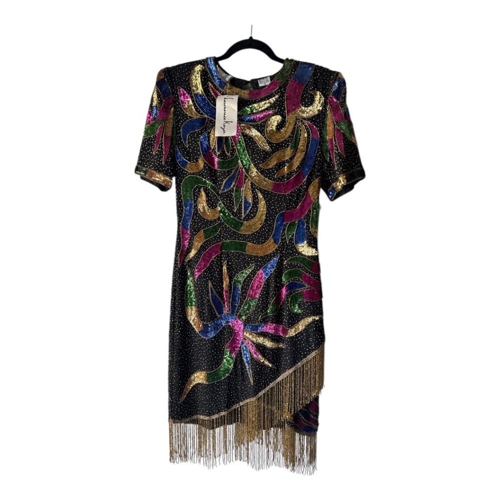 Vintage Lawrence Kazar 80s Silk Dress Sequin Fringe Brand new with tags